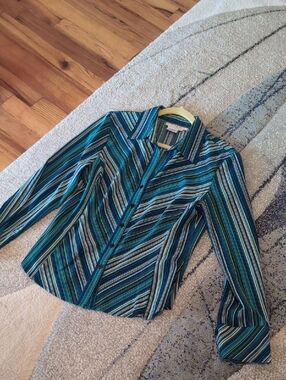 🌼Striped Button-Down Blouse in Teal, Navy & White